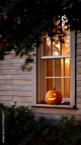 Glowing pumpkin (Jack O'Lantern) in window frame for Halloween night decoration.