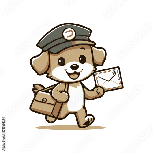 Cute cartoon dog postal worker happily delivering mail with a cheerful expression and a satchel
