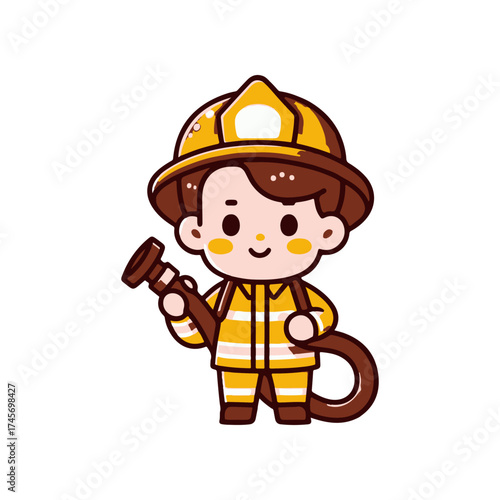 Cute cartoon firefighter holding a hose, ready for action in a bright and playful setting