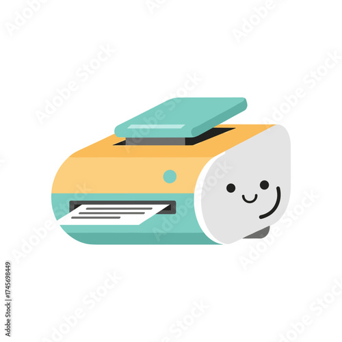 Colorful cartoon printer with a smiling face, printing documents in a bright, cheerful setting