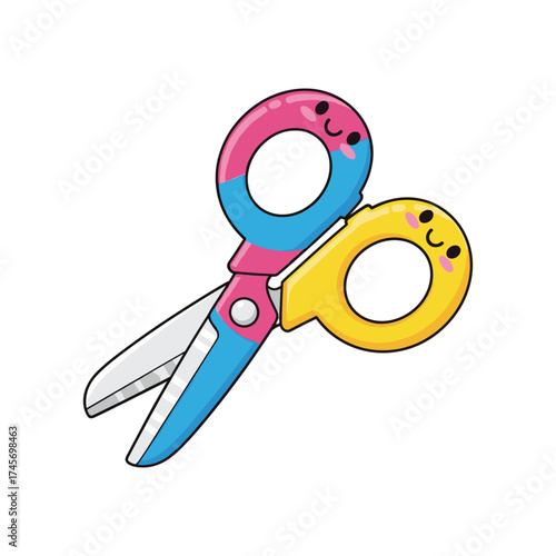 Colorful cartoon scissors with smiling faces, ideal for children's art projects and education
