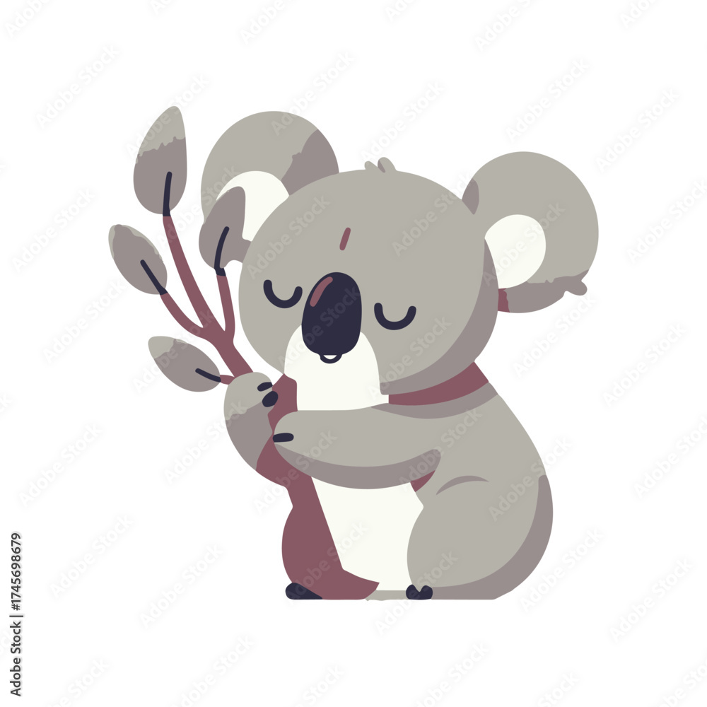Fototapeta premium Cute cartoon koala hugging a branch with leaves, set against a simple white background