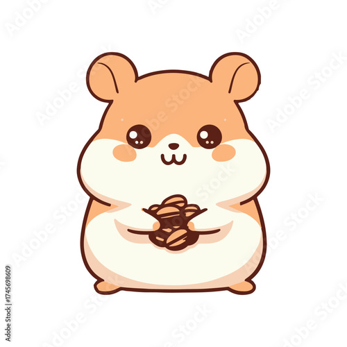 Cute cartoon hamster holding a bundle of nuts, set against a simple white background
