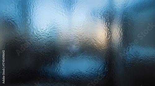 A textured frosted glass pane with a blurred outdoor view, creating a serene, chilly atmosphere.