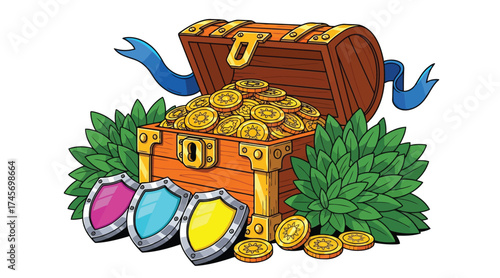 Vector art of treasure chest full of gold coins, surrounded by shields and plants, cartoon style