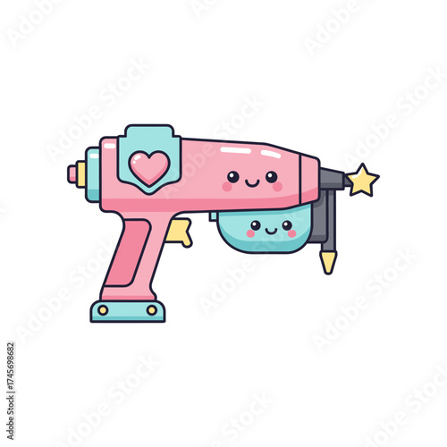 Colorful cartoon-style toy gun with smiling faces and stars, set against a plain background
