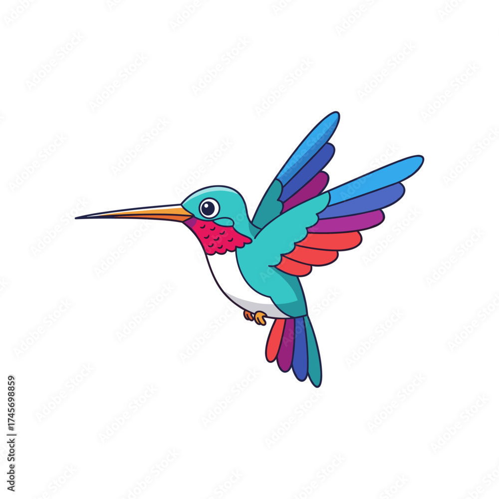 Obraz premium Colorful hummingbird in mid-flight with vibrant wings and a clear background