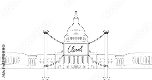 USA Parliament Capitol Building with Close Sign in Hand Drawing Style