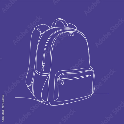 Stylized outline of a backpack with multiple compartments and adjustable straps on a solid