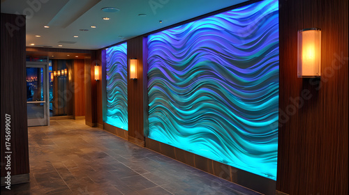 Serene interior featuring wavy blue and purple backlit wall art, creating a tranquil ambiance in a modern hallway.