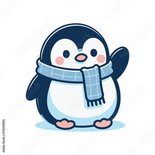 Cute cartoon penguin wearing a scarf, waving cheerfully in a snowy background