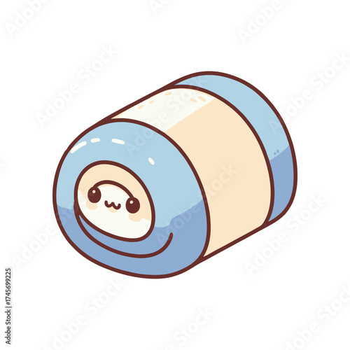 Cute cartoon sushi roll character with a smiling face, set against a simple white background
