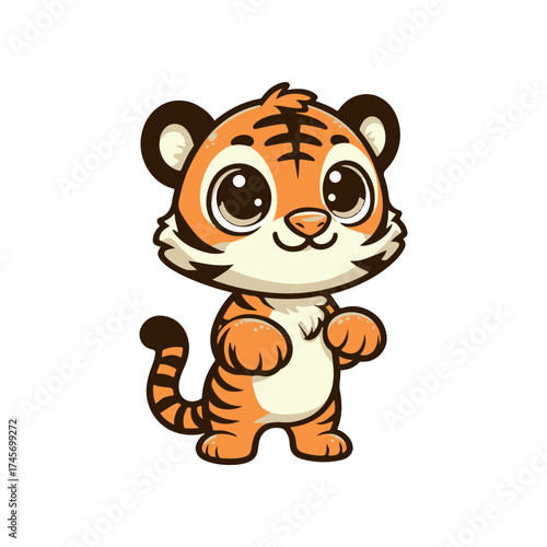 Cute cartoon tiger character standing cheerfully with a playful expression on a white background