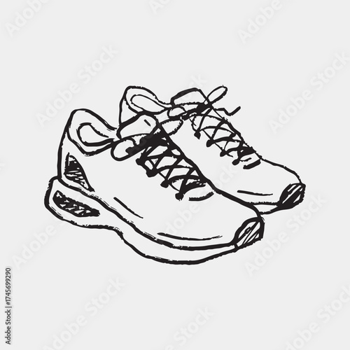 Hand drawn athletic sneakers. Vector sketch illustration in vintage crayon charcoal style. Sporty footwear for running, training, gym, fitness, casual streetwear