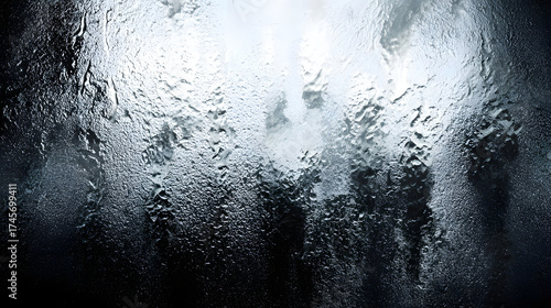 A textured glass surface with droplets creating a misty and abstract effect, evoking a sense of mystery.