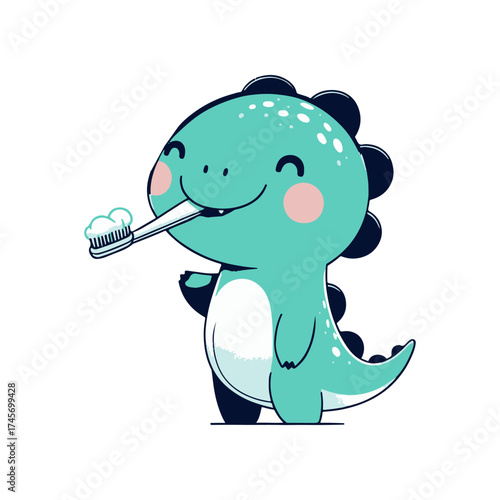 Cute dinosaur character happily brushing its teeth with a toothbrush, promoting dental hygiene