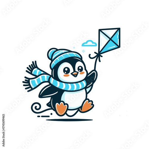 Cute penguin wearing a striped scarf and hat joyfully flying a colorful kite in a snowy landscape