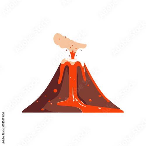 Erupting volcano spewing lava and ash against a clear sky with a distant landscape
