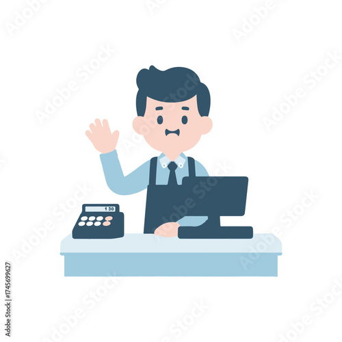 Friendly cashier greeting customers at a modern checkout counter in a retail store