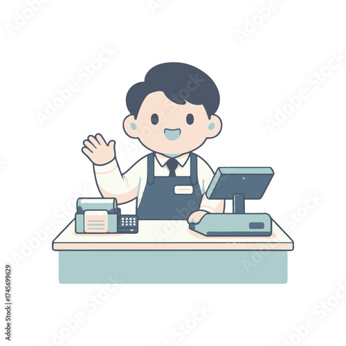 Friendly cashier welcoming customers at a retail store checkout counter with a clean background