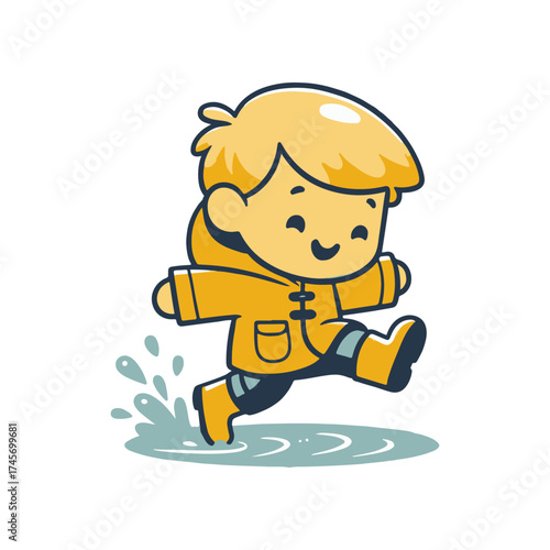 Happy child in yellow raincoat splashing in puddle on a rainy day, cheerful atmosphere