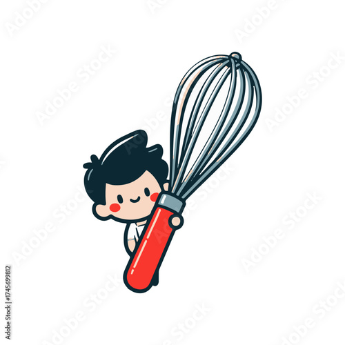 Playful cartoon character holding a large whisk in a bright, cheerful kitchen setting