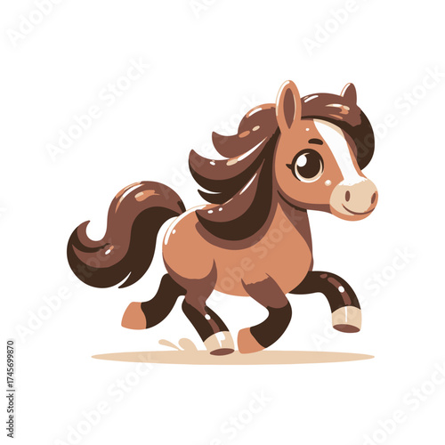 Playful cartoon pony running joyfully across a light background, showcasing its vibrant mane