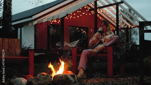 A woman drinks wine while sitting in a chair by a fire in a country house