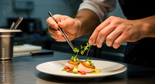 Chef using tweezers to garnish scallops on a white plate in a professional kitchen setting close up view