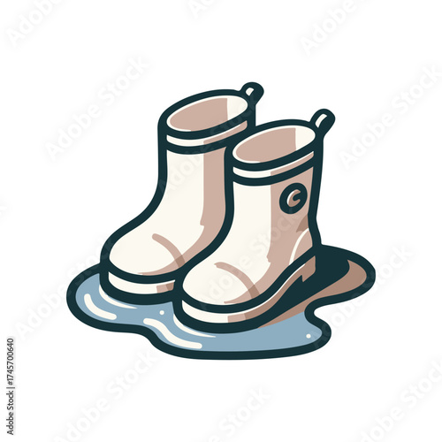 White rubber boots standing in a puddle, showcasing water resistance in a playful setting