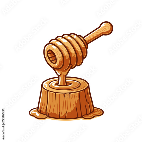 Wooden honey dipper drizzling golden honey into a rustic bowl on a white background