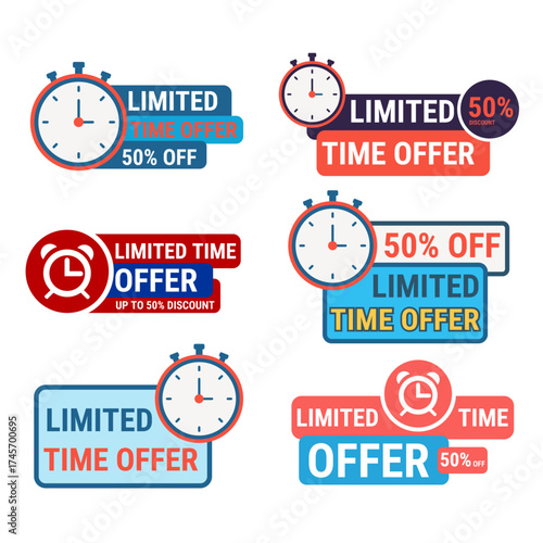 Collection of limited time offer sale banners with clocks and discount percentages for retail promotions