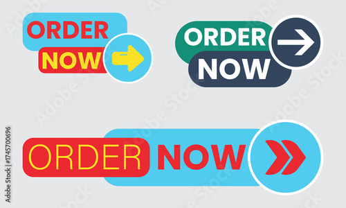 Collection of modern order now buttons with arrows for e commerce and online shopping calls to action