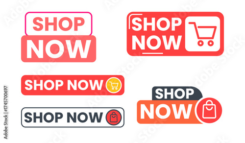 Collection of diverse shop now buttons and icons for online retail and e commerce promotions