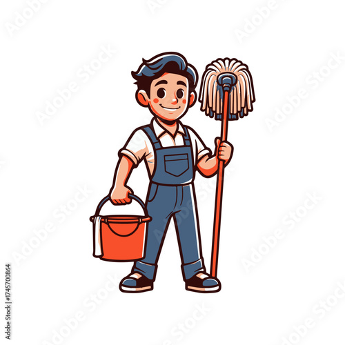 Young boy in overalls holding a mop and bucket, smiling while cleaning a bright room