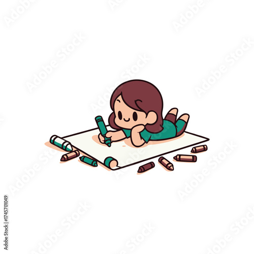 Young child happily drawing on a large sheet of paper with colorful crayons scattered around