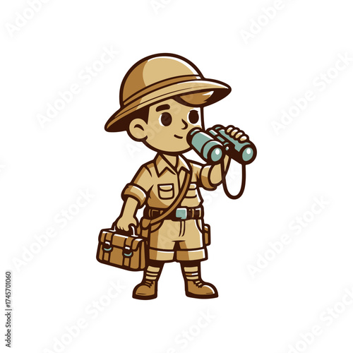 Young explorer in safari attire holding binoculars, ready for adventure in a vibrant jungle setting