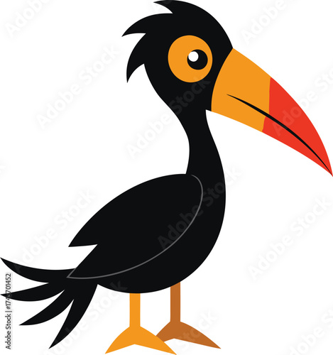Cartoon black bird with large orange and red beak and bright orange eyes