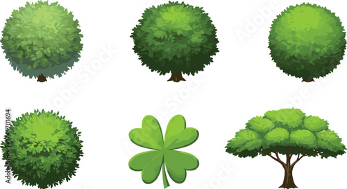 Tree and clover illustration set, stylized foliage icons, seasonal canopy variations, vector nature elements, landscape design assets, plant graphics