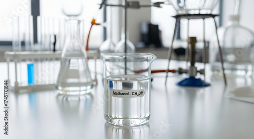 A beaker filled with Methanol. It is placed on a laboratory table and various pieces of glass chemical equipment are visible, including test tubes in a rack, a conical flask, and other beakers.