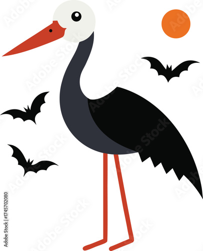Whimsical cartoon stork with orange beak and legs on a white background with bats and a moon