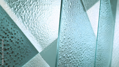Abstract close-up of textured glass panels, showcasing their intricate patterns and light reflections.