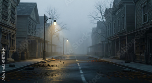 Empty road with a visible center line, which is partly covered with scattered leaves and debris. The background shows a misty fog enveloping the street, giving it a ghostly feel.
