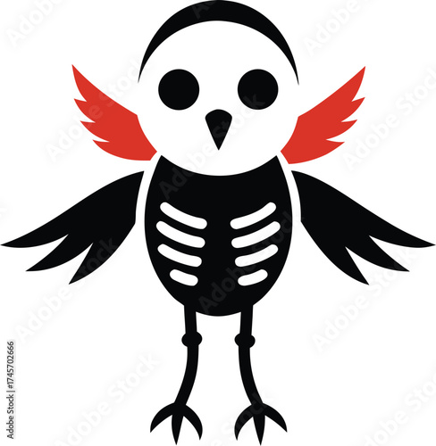Whimsical cartoon skeleton bird with orange wings and ribcage design