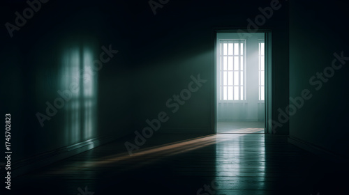 A dimly lit corridor with a doorway revealing light, creating a serene yet mysterious atmosphere.
