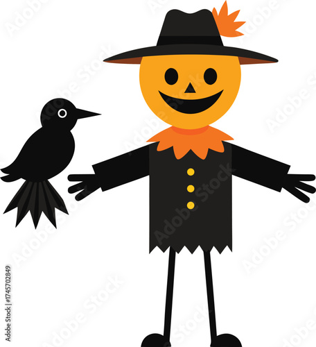 Cute halloween scarecrow with a black bird companion on a white background