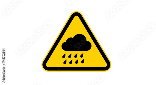 Rain Warning Sign Icon – Yellow Caution Triangle with Cloud and Raindrops for Weather Hazard Alert