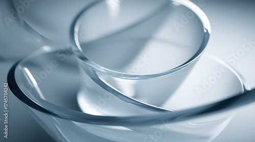 Abstract composition of glass bowls in soft blue tones, creating a sense of fluidity and elegance.