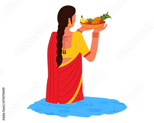Indian women standing in river and doing prayer of god sun celebrating Chhath puja festival