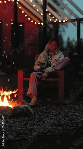 A woman with wine sits in a garden chair by a fire at dusk, vertical video